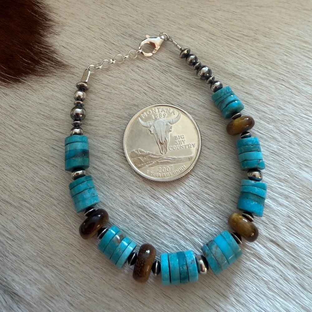 ❤️ 925 Desert Pearl Saucers Kingman Blue Turquoise Tigers Eye Bracelet 6.75+75”L